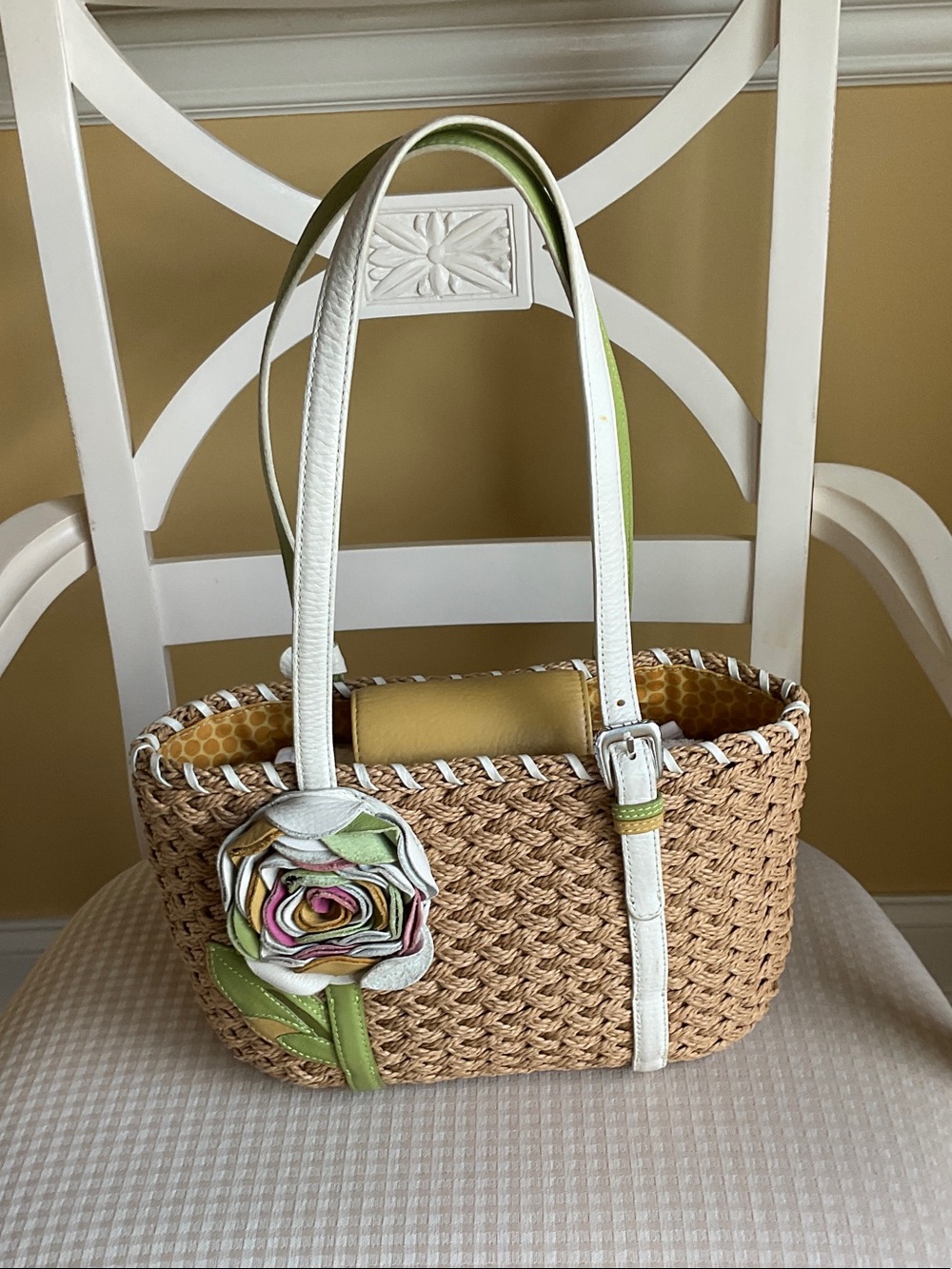Brighton Woven Straw Tote Bag with White & Green Trim and Floral Accent